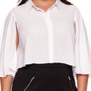 White,  button-down crop top with cape sleeves